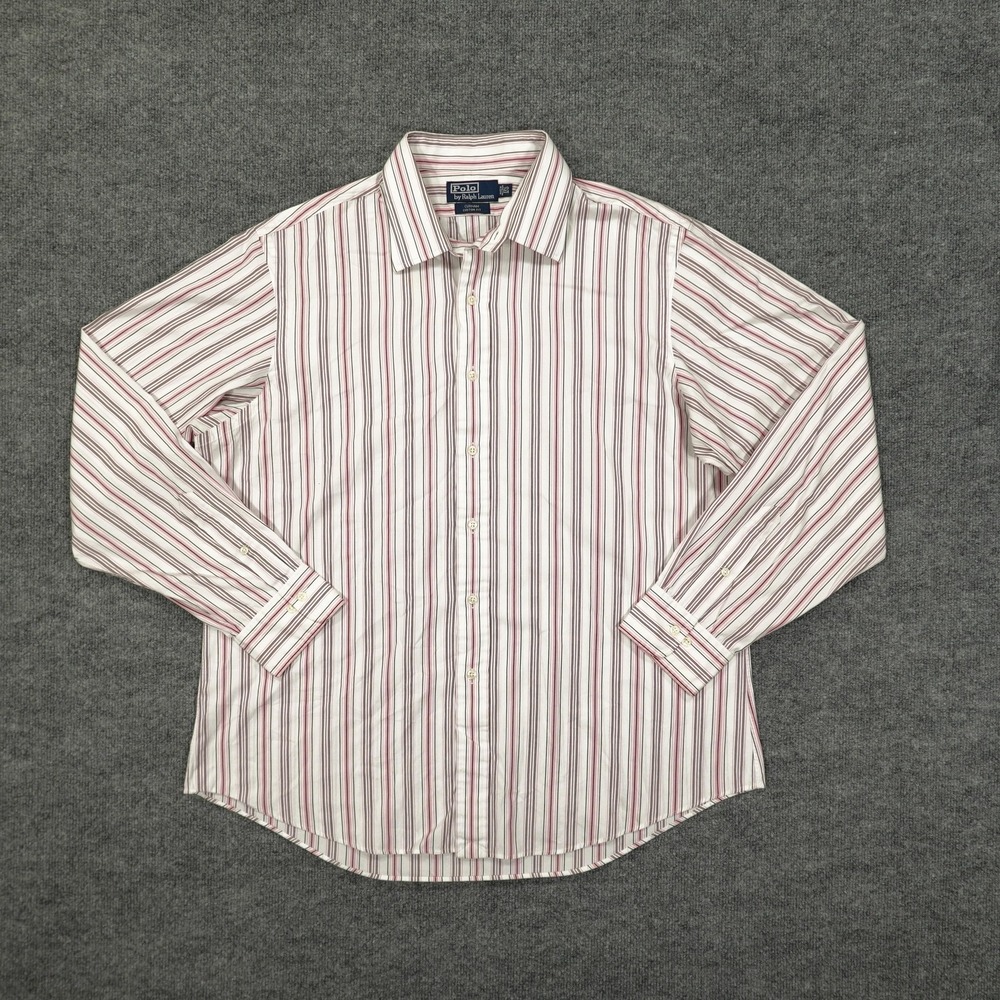 Polo Ralph Lauren Button Down Shirt Mens 17.5 36/37 Pink White Striped Curham